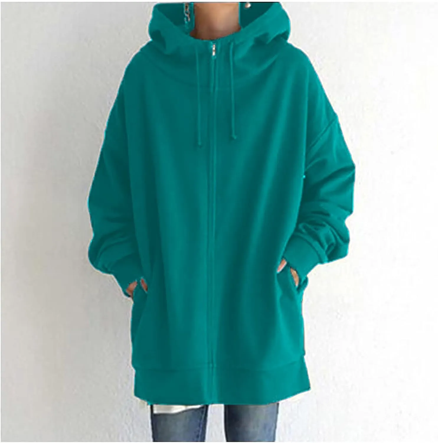 Womens Casual Hoodies Zip-Up Long Sleeve Knee Length Tops Dressy Sweatshirts Cozy Fall Hooded Jackets With Pocket