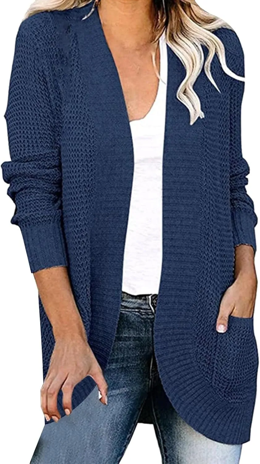 Womens Casual Lightweight Long Sleeve Cardigan Flowy Soft Open Front Knit Sweaters 2023 Fall Winter Waffle Knit Cardigan