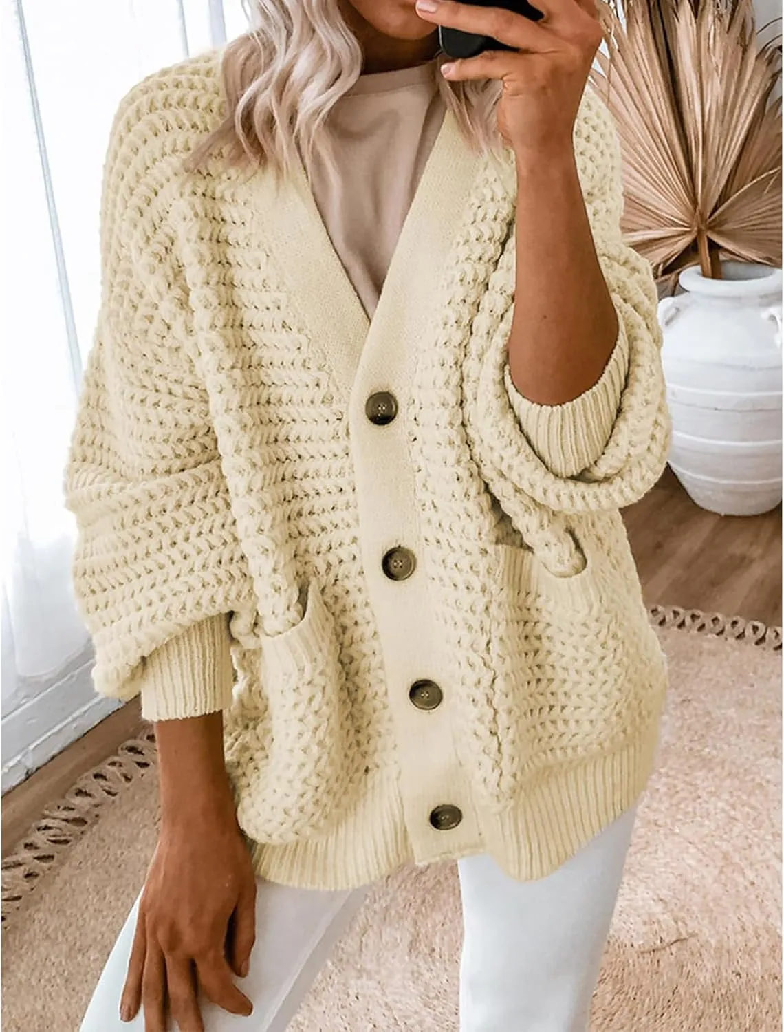 Womens Casual Long Sleeve Button Cardigan Sweaters Oversized Cable Knit Open Front Sweater Outwear Coat
