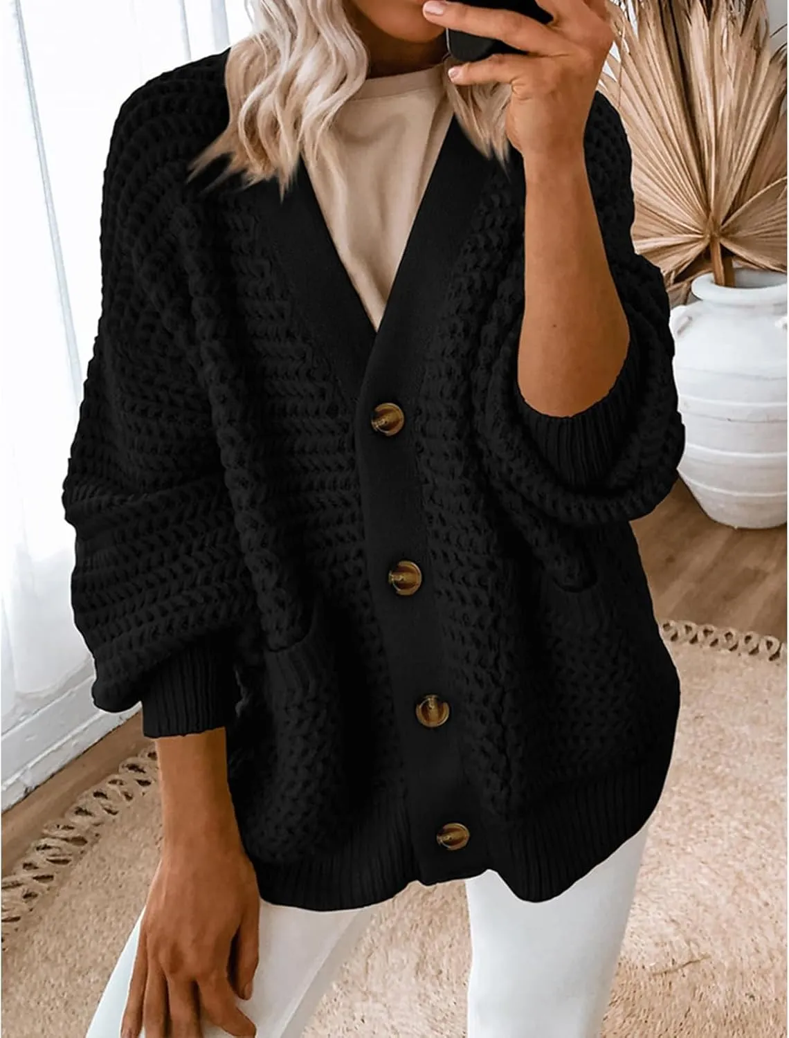 Womens Casual Long Sleeve Button Cardigan Sweaters Oversized Cable Knit Open Front Sweater Outwear Coat