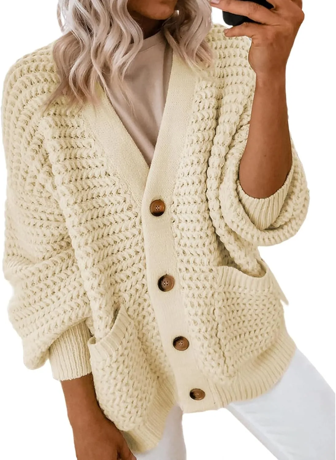 Womens Casual Long Sleeve Button Cardigan Sweaters Oversized Cable Knit Open Front Sweater Outwear Coat