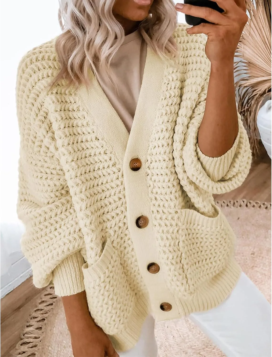 Womens Casual Long Sleeve Button Cardigan Sweaters Oversized Cable Knit Open Front Sweater Outwear Coat