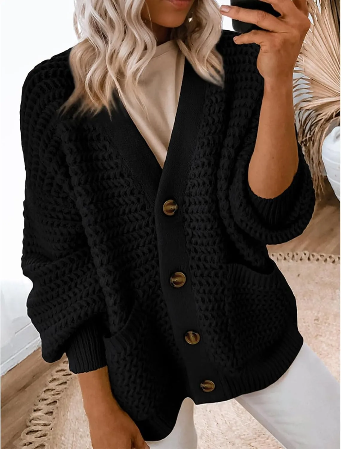 Womens Casual Long Sleeve Button Cardigan Sweaters Oversized Cable Knit Open Front Sweater Outwear Coat