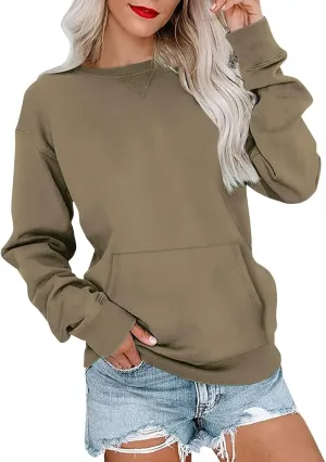 Women'S Casual Long Sleeve Pullover Sweatshirt, Cozy Crewneck Top With Pocket Comfortable Fall