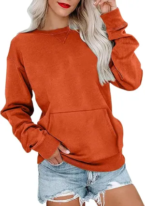 Women'S Casual Long Sleeve Pullover Sweatshirt, Cozy Crewneck Top With Pocket Comfortable Fall