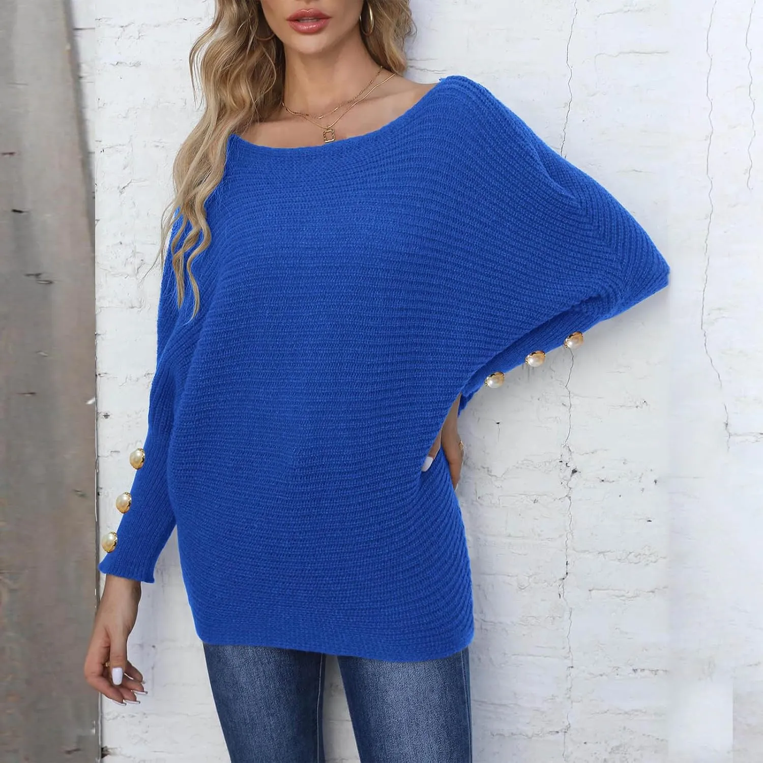 Women's Casual Loose Sweaters Ribbed Knitted Off-Shoulder Sweaters Comfy Cozy Cufflinks Pullover 2024 Fall Winter Clothes