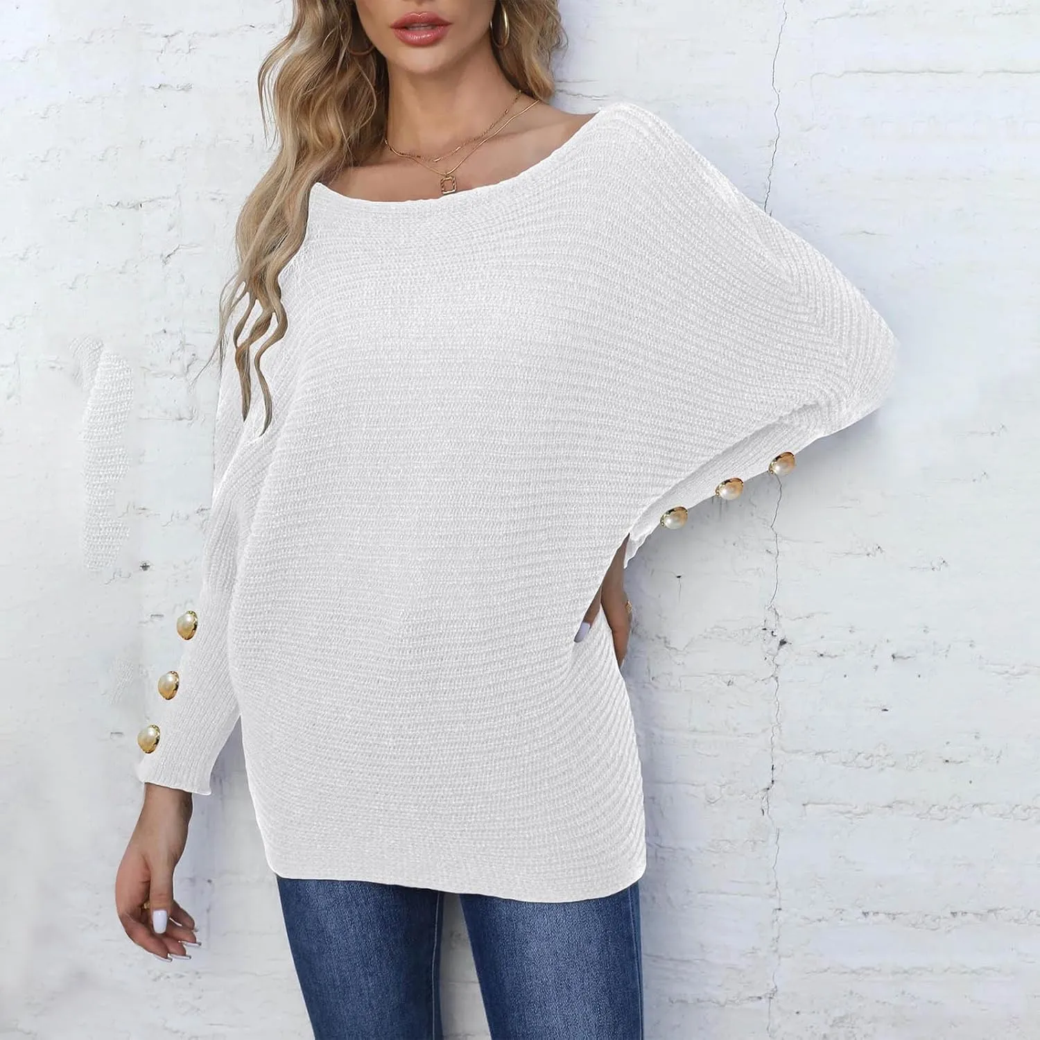 Women's Casual Loose Sweaters Ribbed Knitted Off-Shoulder Sweaters Comfy Cozy Cufflinks Pullover 2024 Fall Winter Clothes