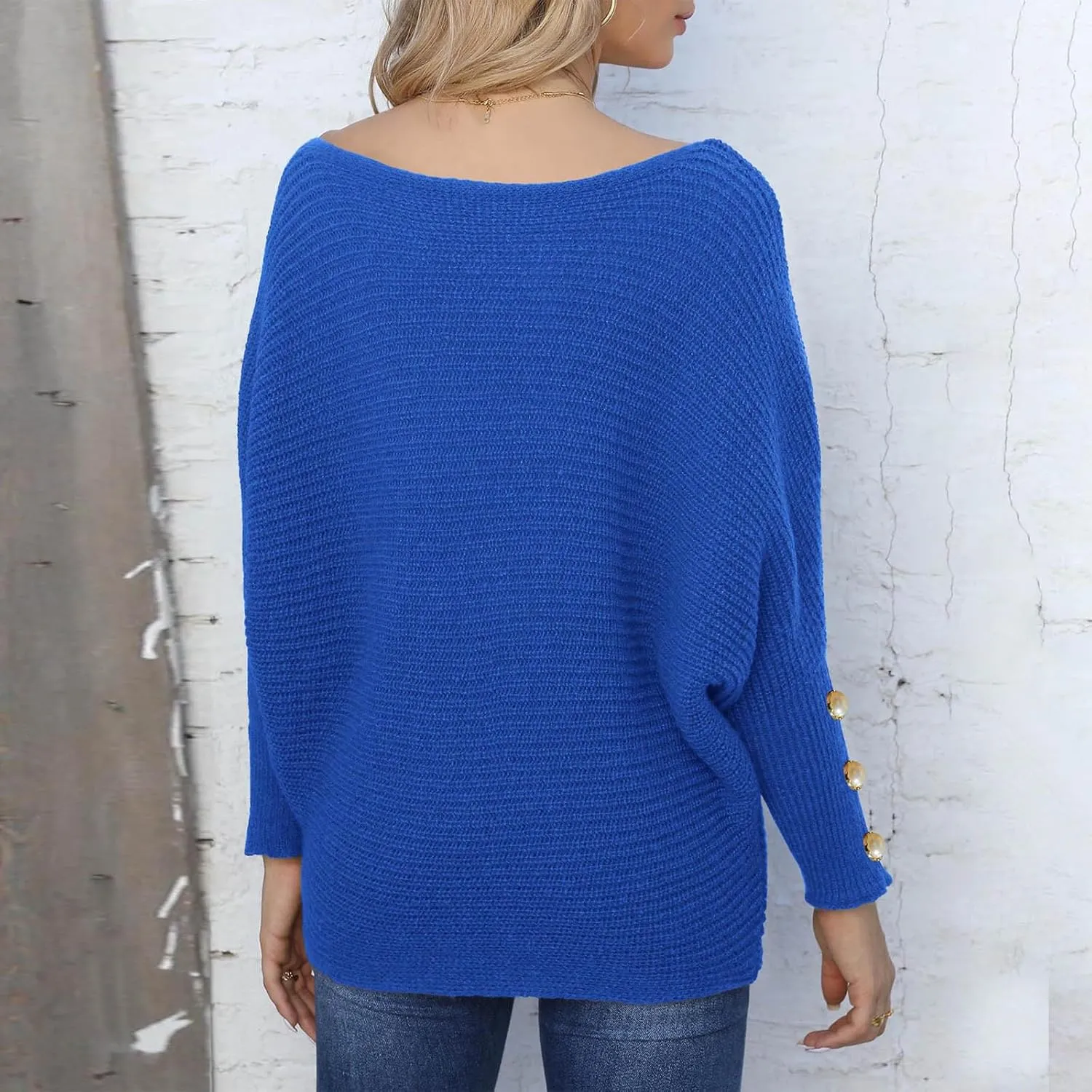 Women's Casual Loose Sweaters Ribbed Knitted Off-Shoulder Sweaters Comfy Cozy Cufflinks Pullover 2024 Fall Winter Clothes