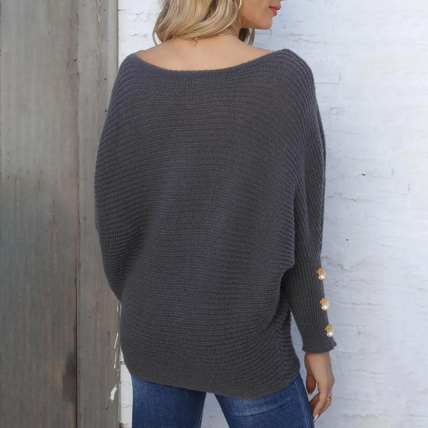 Women's Casual Loose Sweaters Ribbed Knitted Off-Shoulder Sweaters Comfy Cozy Cufflinks Pullover 2024 Fall Winter Clothes