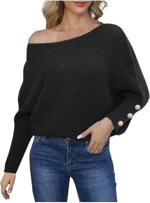 Women's Casual Loose Sweaters Ribbed Knitted Off-Shoulder Sweaters Comfy Cozy Cufflinks Pullover 2024 Fall Winter Clothes