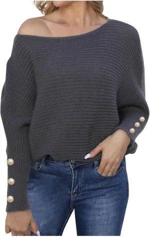 Women's Casual Loose Sweaters Ribbed Knitted Off-Shoulder Sweaters Comfy Cozy Cufflinks Pullover 2024 Fall Winter Clothes
