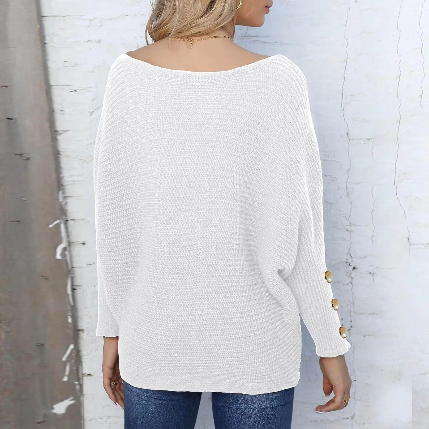 Women's Casual Loose Sweaters Ribbed Knitted Off-Shoulder Sweaters Comfy Cozy Cufflinks Pullover 2024 Fall Winter Clothes