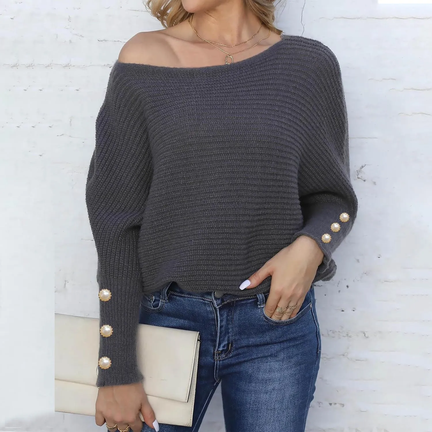 Women's Casual Loose Sweaters Ribbed Knitted Off-Shoulder Sweaters Comfy Cozy Cufflinks Pullover 2024 Fall Winter Clothes