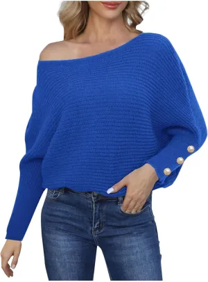 Women's Casual Loose Sweaters Ribbed Knitted Off-Shoulder Sweaters Comfy Cozy Cufflinks Pullover 2024 Fall Winter Clothes