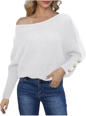 Women's Casual Loose Sweaters Ribbed Knitted Off-Shoulder Sweaters Comfy Cozy Cufflinks Pullover 2024 Fall Winter Clothes