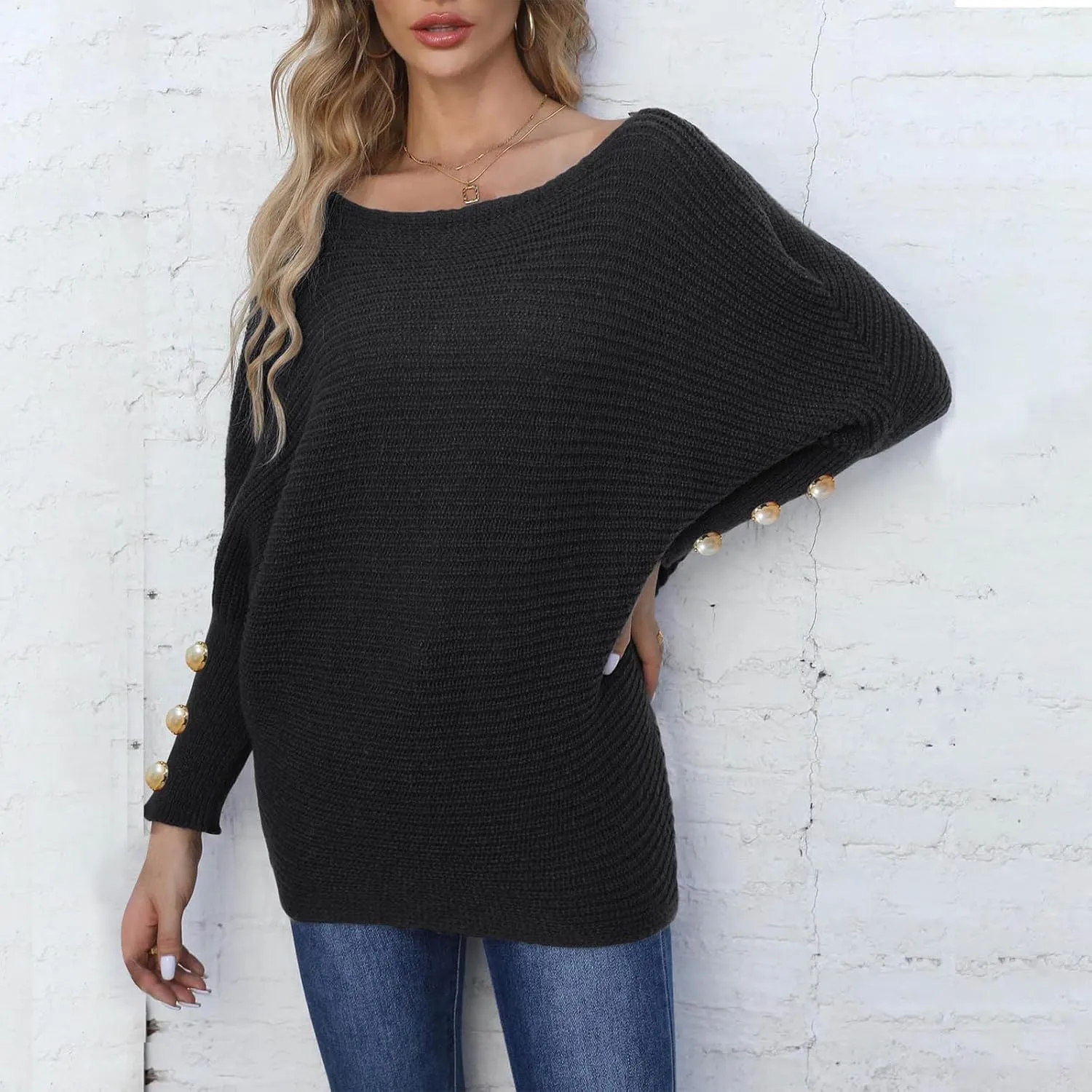 Women's Casual Loose Sweaters Ribbed Knitted Off-Shoulder Sweaters Comfy Cozy Cufflinks Pullover 2024 Fall Winter Clothes