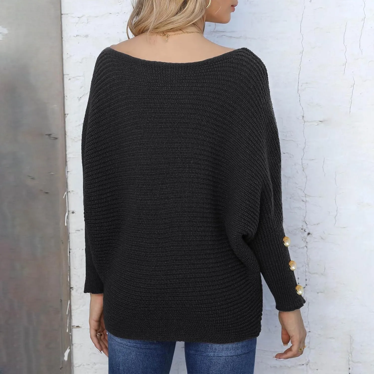 Women's Casual Loose Sweaters Ribbed Knitted Off-Shoulder Sweaters Comfy Cozy Cufflinks Pullover 2024 Fall Winter Clothes