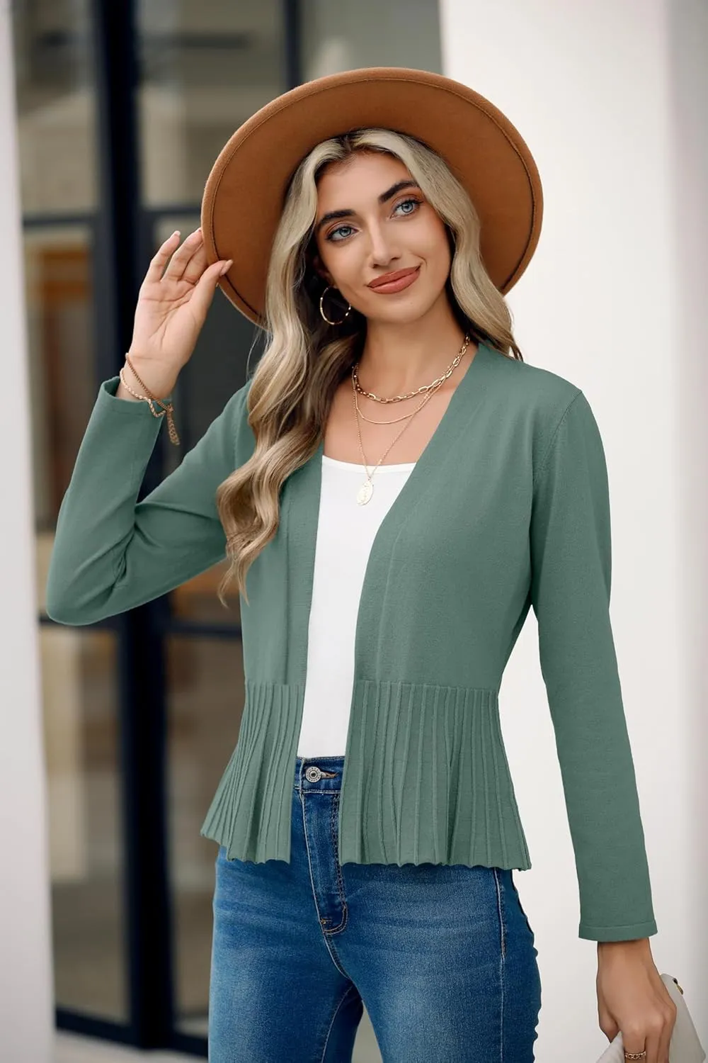 Women's Casual Open Front Lightweight Cropped Cardigans Long Sleeve Sweater Soft Draped Peplum Knit Outwear
