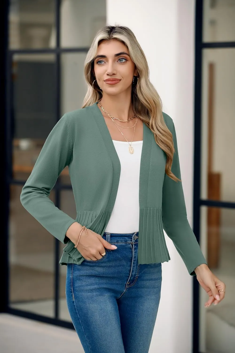 Women's Casual Open Front Lightweight Cropped Cardigans Long Sleeve Sweater Soft Draped Peplum Knit Outwear