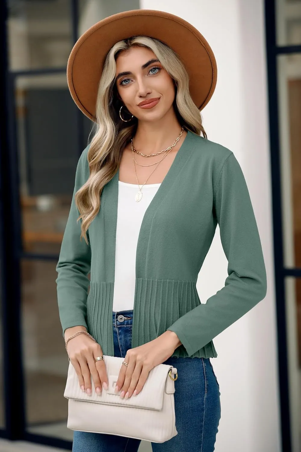 Women's Casual Open Front Lightweight Cropped Cardigans Long Sleeve Sweater Soft Draped Peplum Knit Outwear