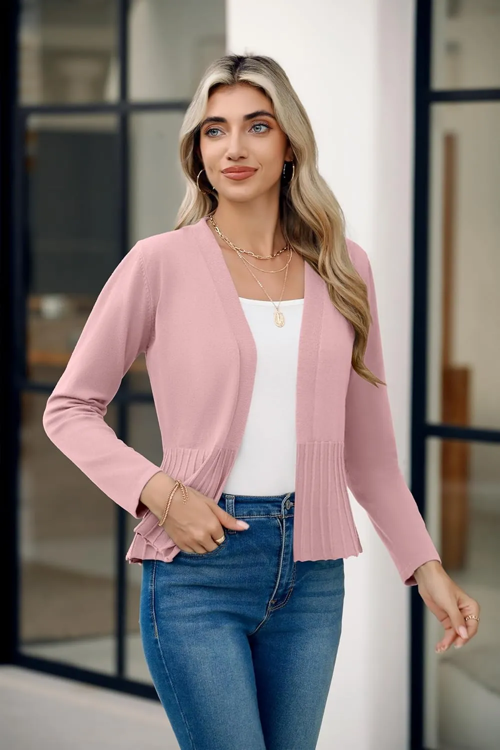 Women's Casual Open Front Lightweight Cropped Cardigans Long Sleeve Sweater Soft Draped Peplum Knit Outwear