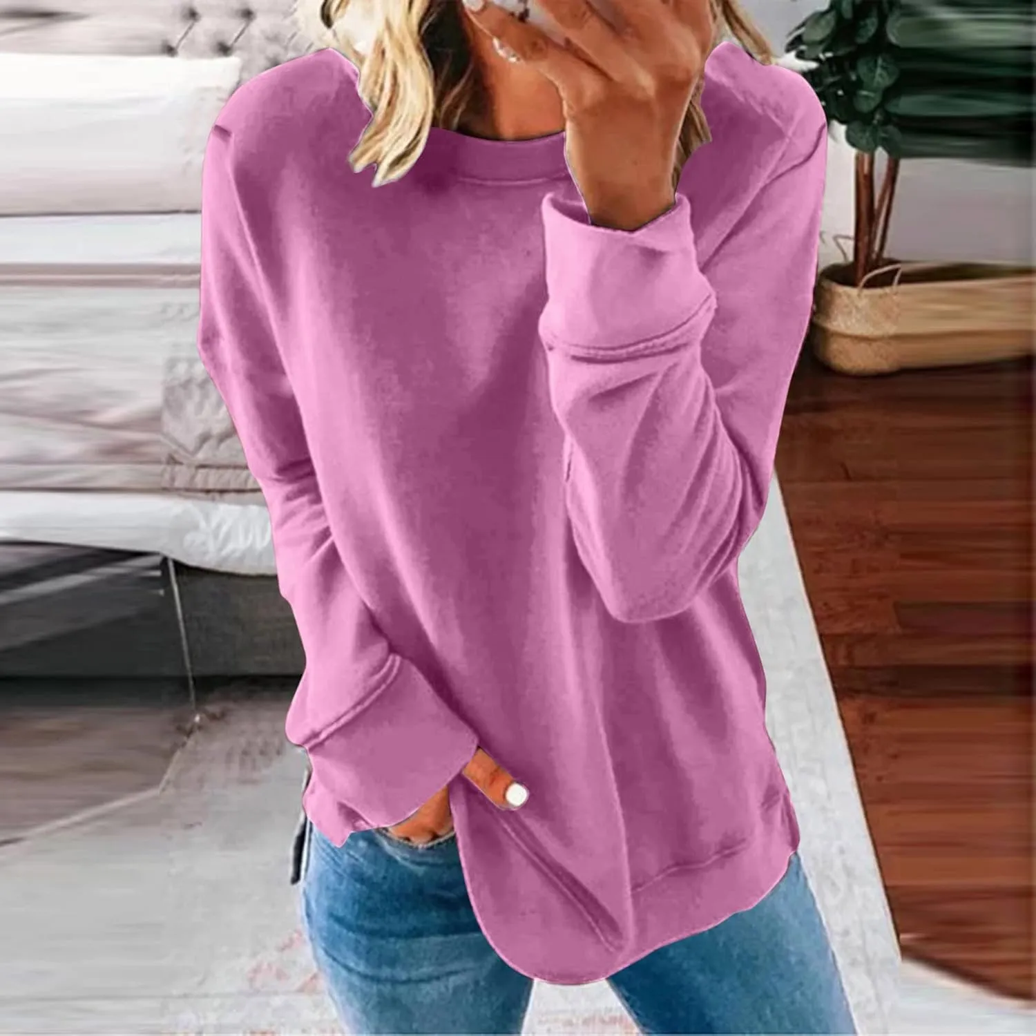 Womens Casual Sweatshirt Crewneck Loose Plain Pullover Tee Fashion Long Sleeve Lightweight Home Cozy Tunics Blouse