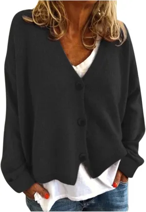 Women's Chunky Knit Open Front Sweater Long Sleeve Casual Solid Color Sweaters Coats V Neck Outerwear Button Loose Cardigan