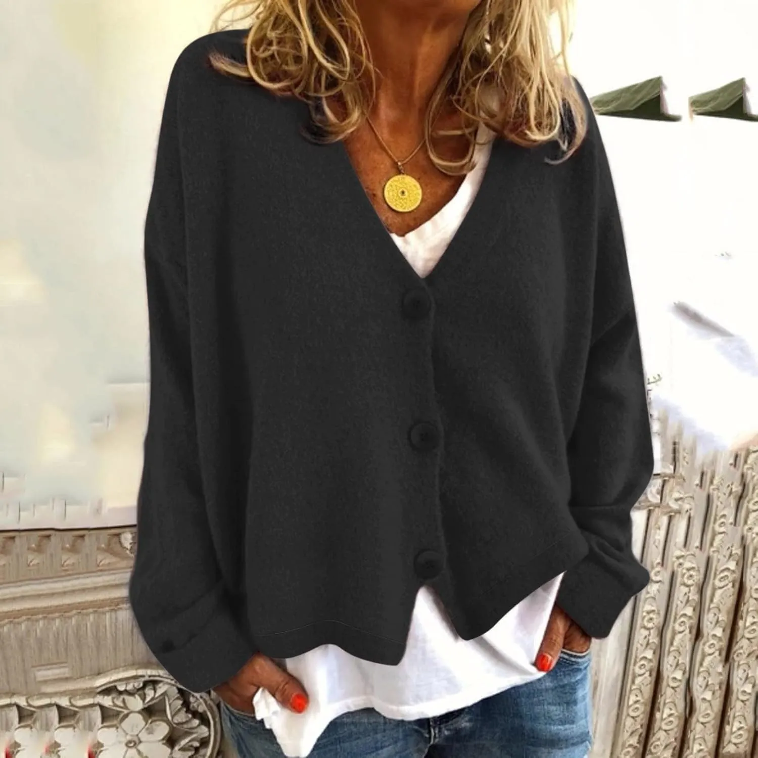 Women's Chunky Knit Open Front Sweater Long Sleeve Casual Solid Color Sweaters Coats V Neck Outerwear Button Loose Cardigan