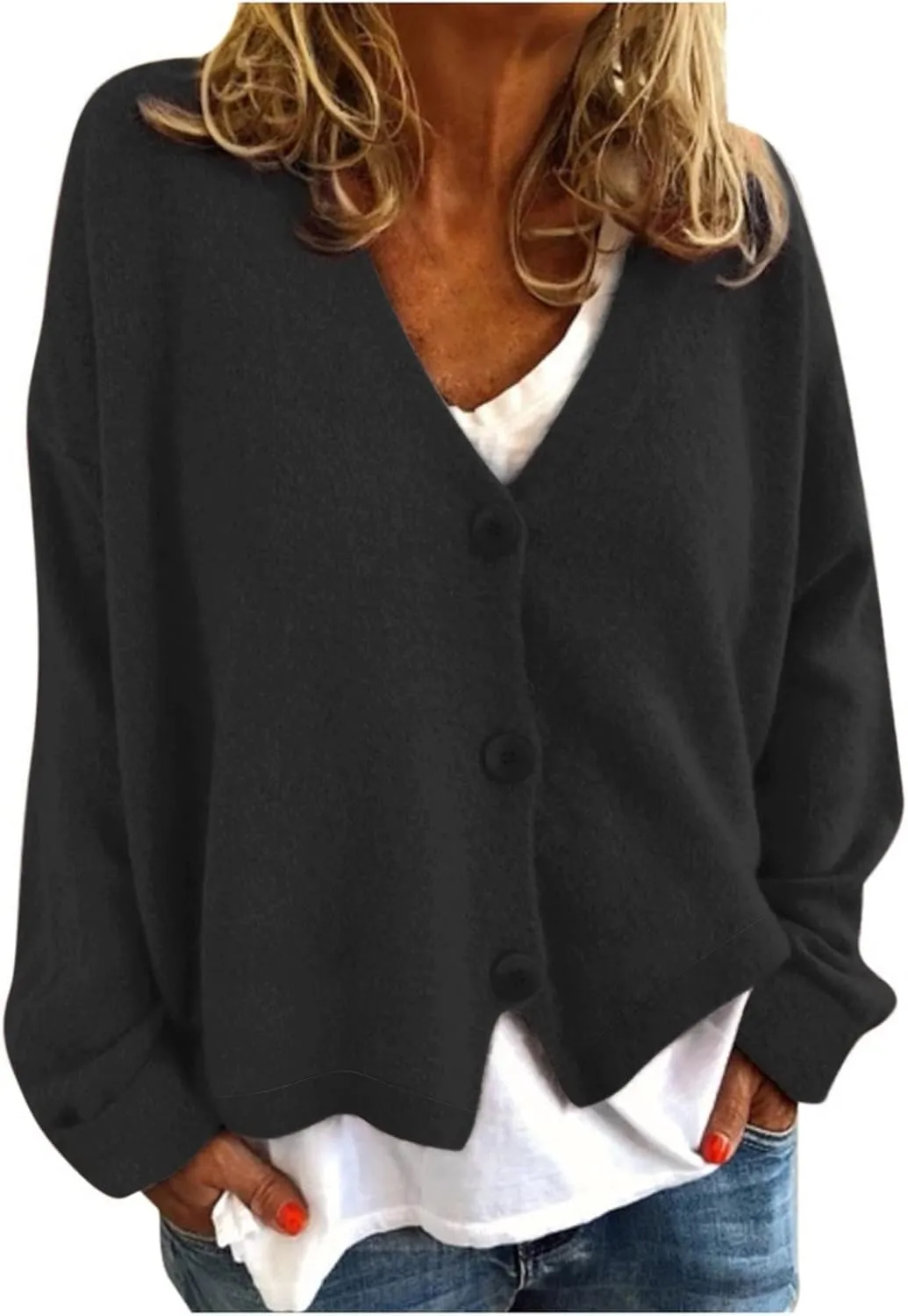 Women's Chunky Knit Open Front Sweater Long Sleeve Casual Solid Color Sweaters Coats V Neck Outerwear Button Loose Cardigan