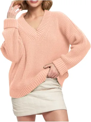 Womens Chunky Sweaters Fall 2024 Fashion V Neck Long Sleeve Knitted Sweaters Pullover Tops Soft Cozy Comfy Knitwear