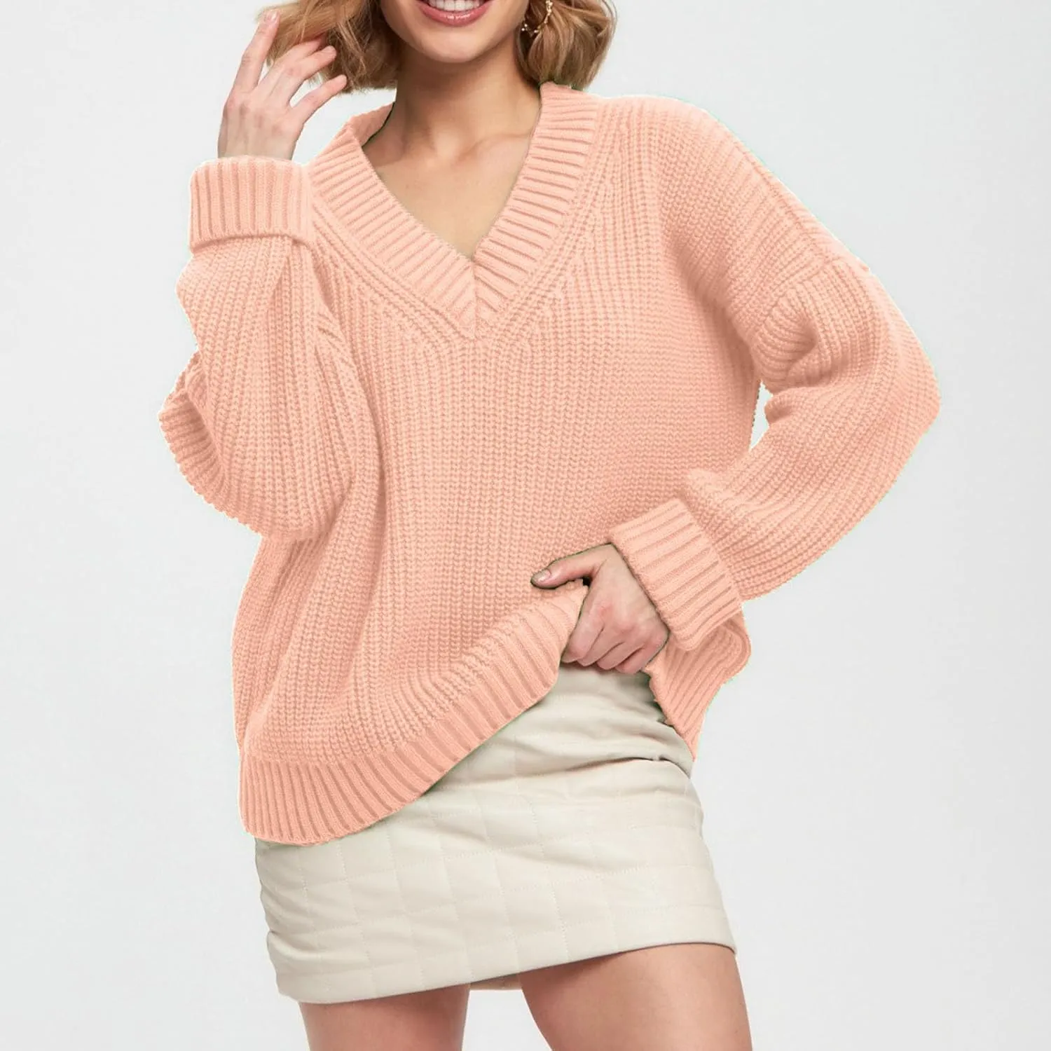 Womens Chunky Sweaters Fall 2024 Fashion V Neck Long Sleeve Knitted Sweaters Pullover Tops Soft Cozy Comfy Knitwear