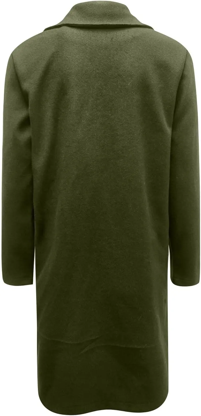 Womens Classic Coat Winter Slim Fit Pea Coat Lapel Collar Open Front Belted Long Jacket Warm Oversized Trench Coats