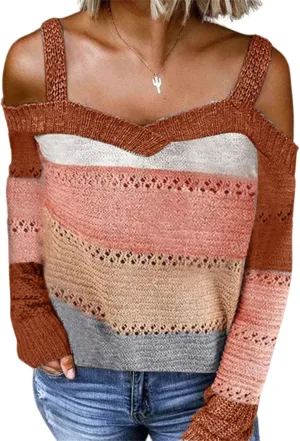 Womens Color Block Off The Shoulder Pullover Sweaters Long Sleeve Cable Knit Chunky Jumpers Tunic Tops Winter Outwear