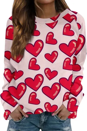 Womens Crewneck Oversized Valentines Day Shirts Women Plaid Love Heart Sweatshirts Raglan Blouse Tops Plus Size