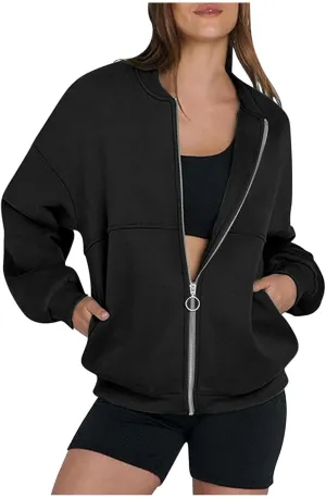 Womens Cropped Zip Up Hoodies Jackets Cardigan Sweatshirts Long Sleeve Casual Loose Fit Outwear with Pockets