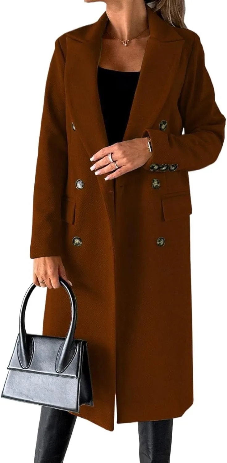 Womens Double Breasted Long Wool Coats Casual Notch Lapel Pea Coat Winter Wool Blend Peacoat Blazer Jackets Outwear
