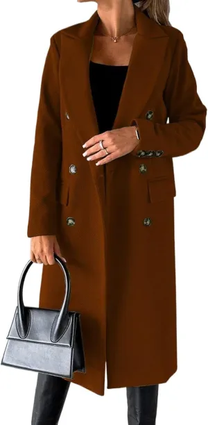 Womens Double Breasted Long Wool Coats Casual Notch Lapel Pea Coat Winter Wool Blend Peacoat Blazer Jackets Outwear