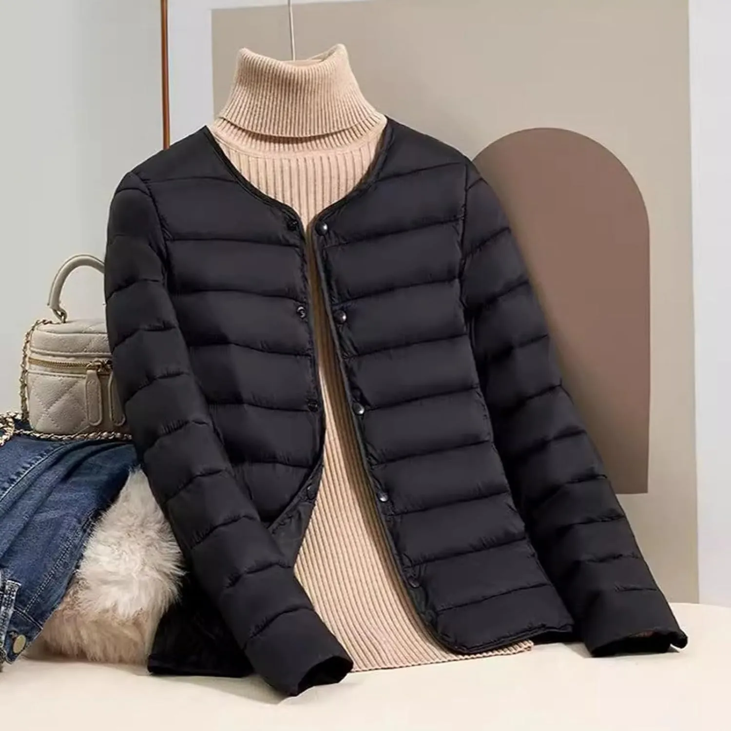 Women's Down Jacket, Water-Resistant Puffer Jacket Fall Coat with Round Neck&V-Neck