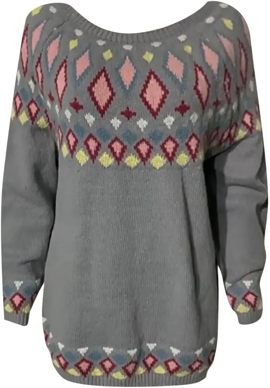 Women's Fair Isle Crew Neck Sweater Vintage Fair Isle Print Pullover Sweaters Long Sleeve Knit Loose Jumper Tops