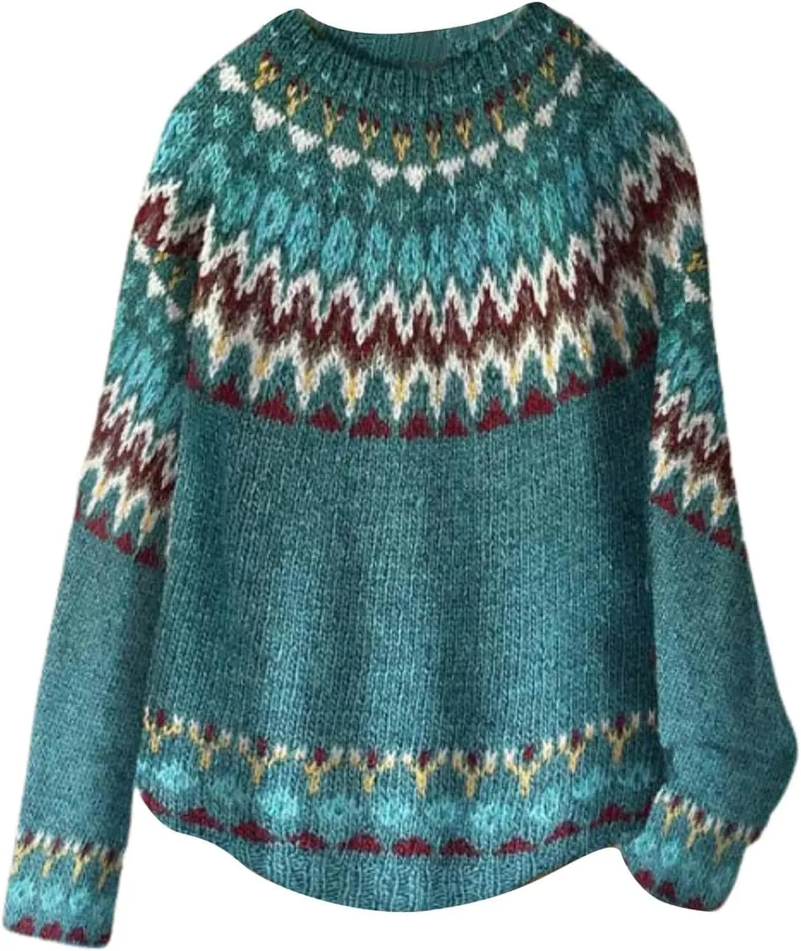 Women's Fair Isle Crew Neck Sweater Vintage Fair Isle Print Pullover Sweaters Long Sleeve Knit Loose Jumper Tops