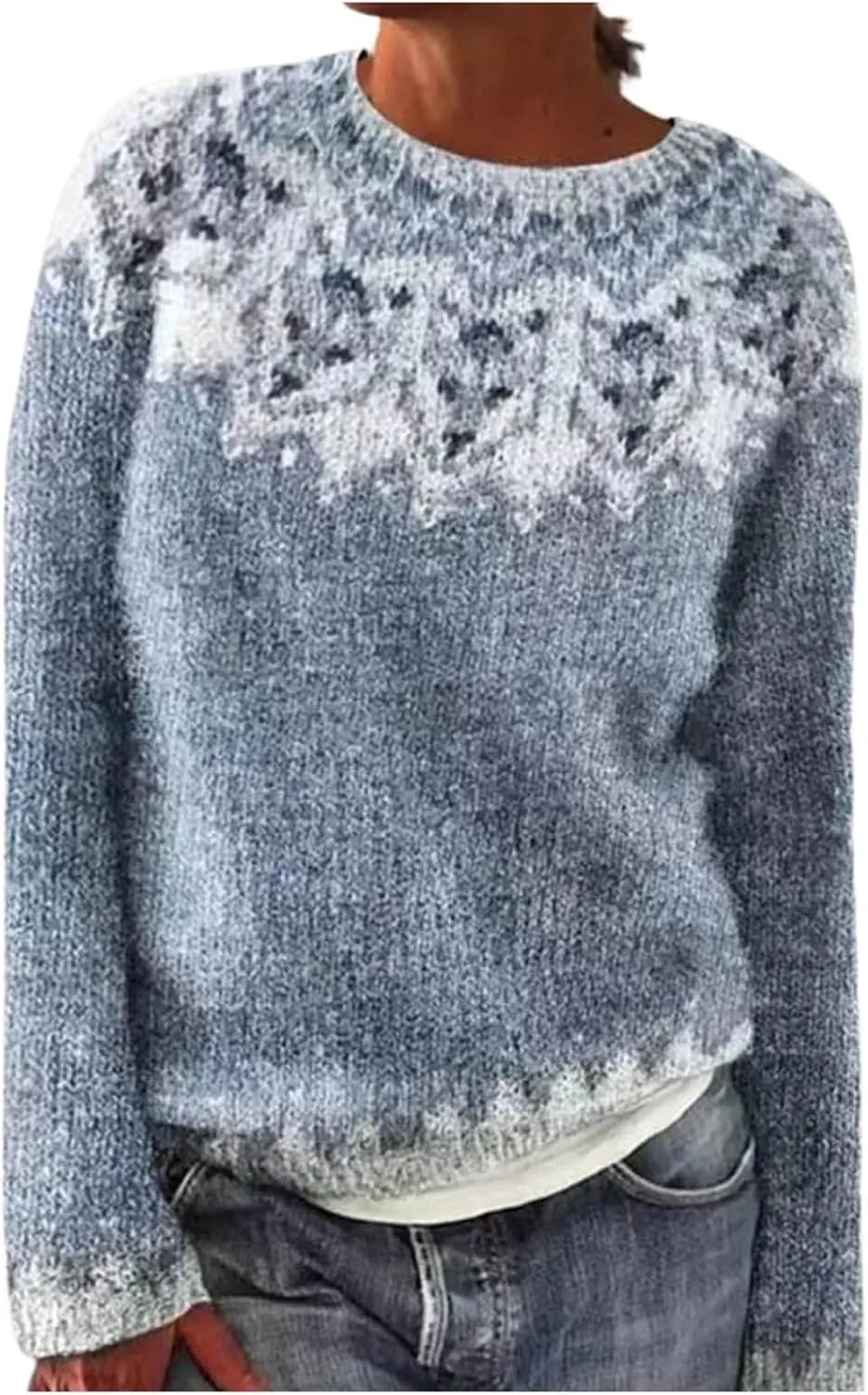 Women's Fair Isle Crew Neck Sweater Vintage Fair Isle Print Pullover Sweaters Long Sleeve Knit Loose Jumper Tops