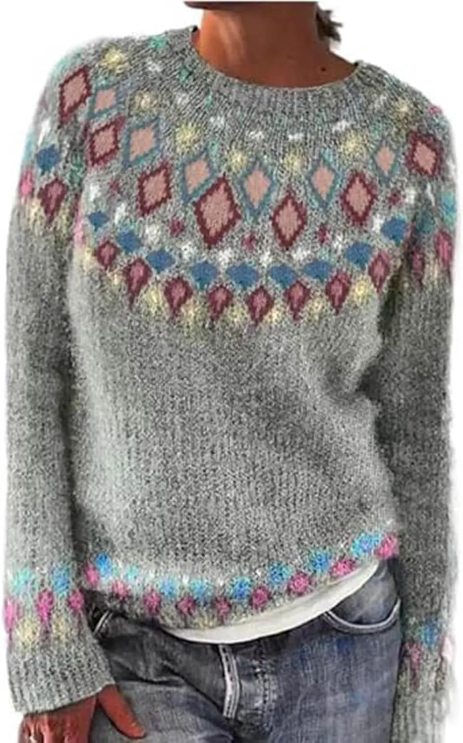 Women's Fair Isle Crew Neck Sweater Vintage Fair Isle Print Pullover Sweaters Long Sleeve Knit Loose Jumper Tops