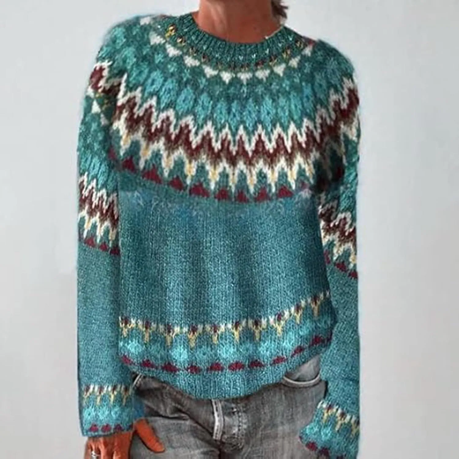 Women's Fair Isle Crew Neck Sweater Vintage Fair Isle Print Pullover Sweaters Long Sleeve Knit Loose Jumper Tops