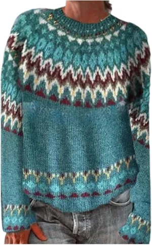 Women's Fair Isle Crew Neck Sweater Vintage Fair Isle Print Pullover Sweaters Long Sleeve Knit Loose Jumper Tops