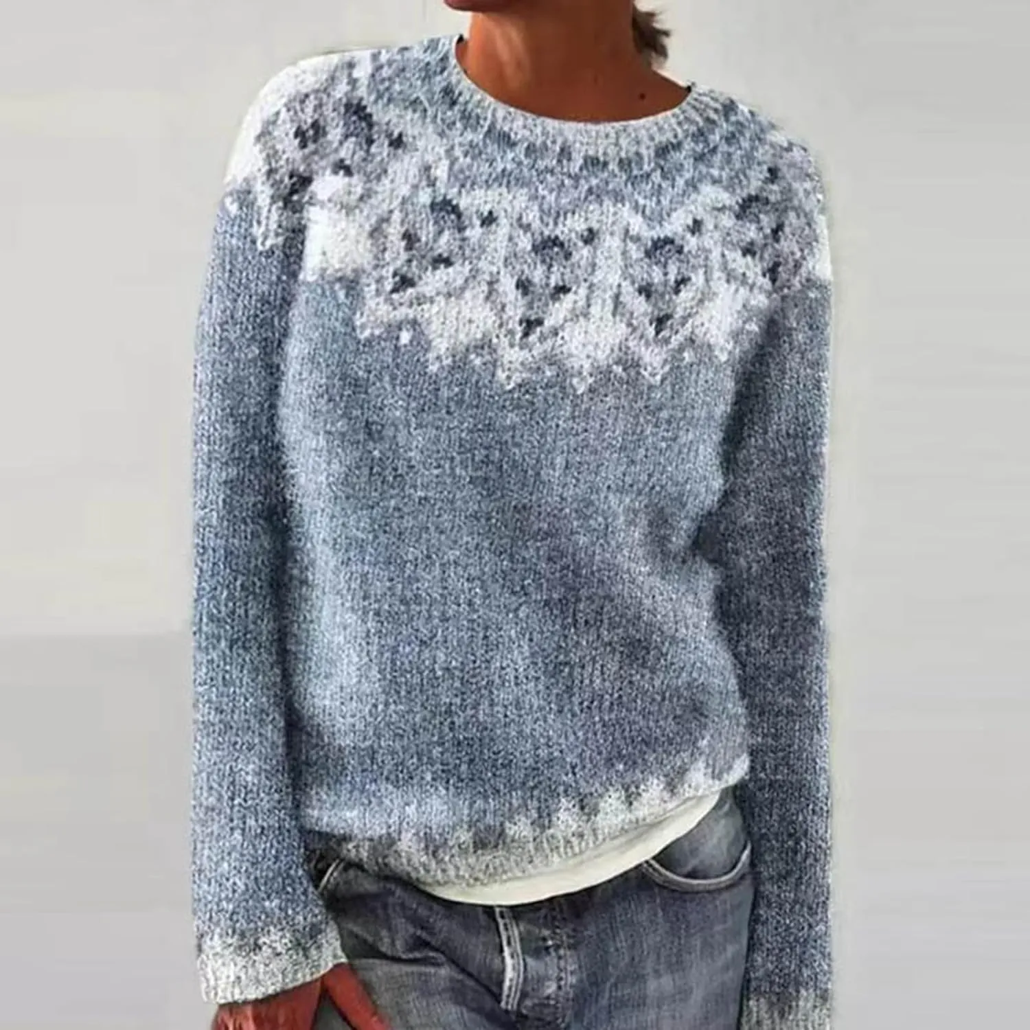 Women's Fair Isle Crew Neck Sweater Vintage Fair Isle Print Pullover Sweaters Long Sleeve Knit Loose Jumper Tops