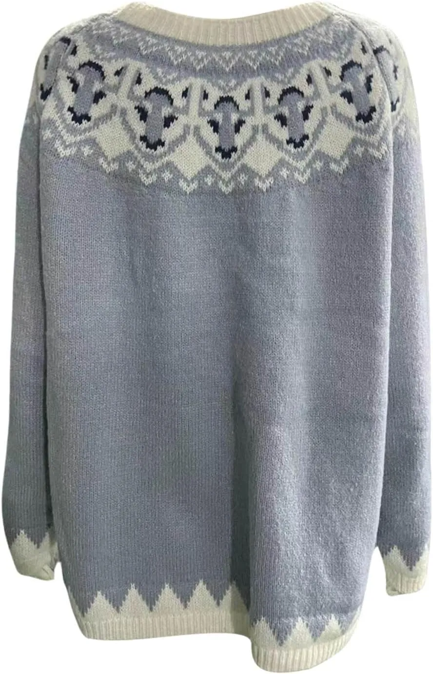 Women's Fair Isle Crew Neck Sweater Vintage Fair Isle Print Pullover Sweaters Long Sleeve Knit Loose Jumper Tops