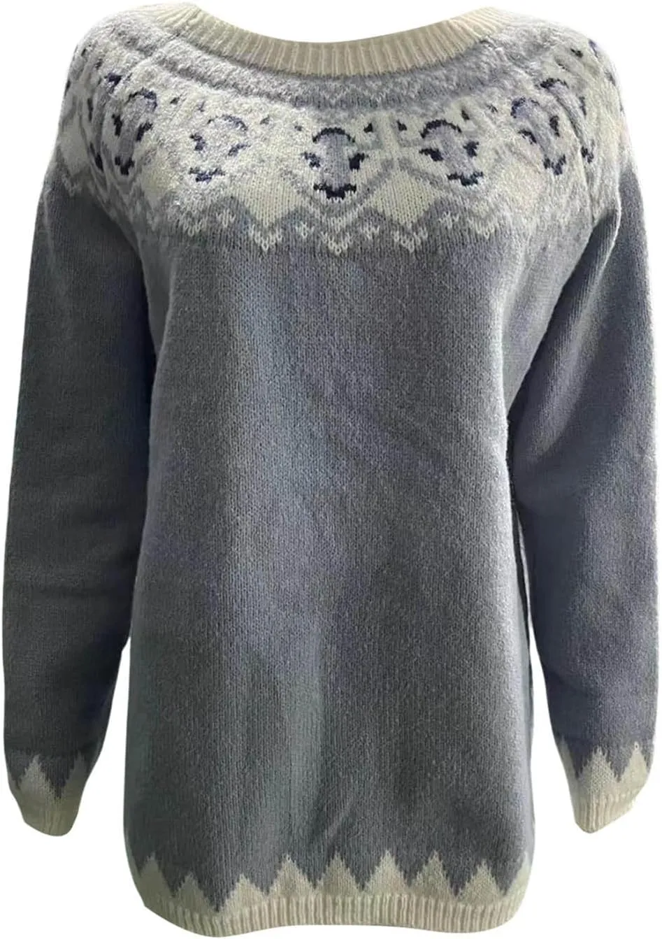 Women's Fair Isle Crew Neck Sweater Vintage Fair Isle Print Pullover Sweaters Long Sleeve Knit Loose Jumper Tops