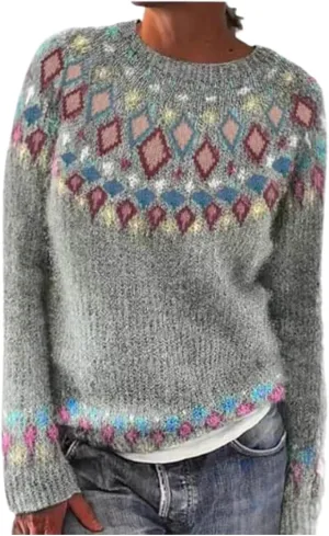 Women's Fair Isle Crew Neck Sweater Vintage Fair Isle Print Pullover Sweaters Long Sleeve Knit Loose Jumper Tops