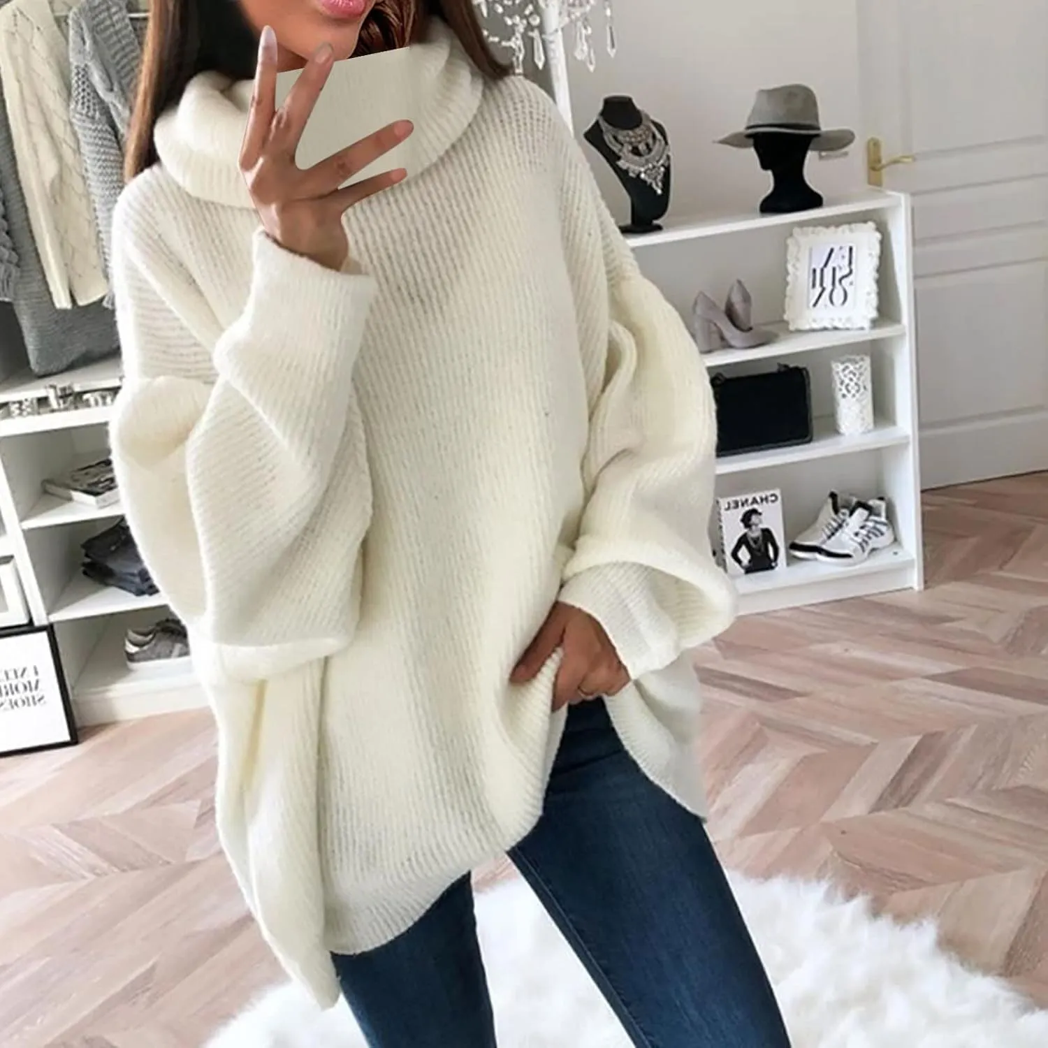Womens Fall Oversized Sweaters 2023 Fashion Chic Turtleneck Batwing Long Sleeve Jumper Tops Soft Knitted Pullover