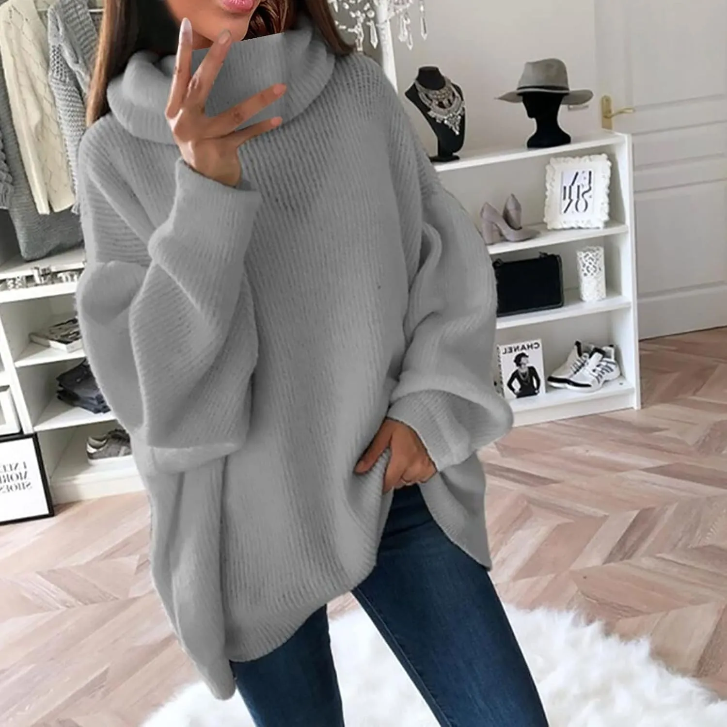 Womens Fall Oversized Sweaters 2023 Fashion Chic Turtleneck Batwing Long Sleeve Jumper Tops Soft Knitted Pullover